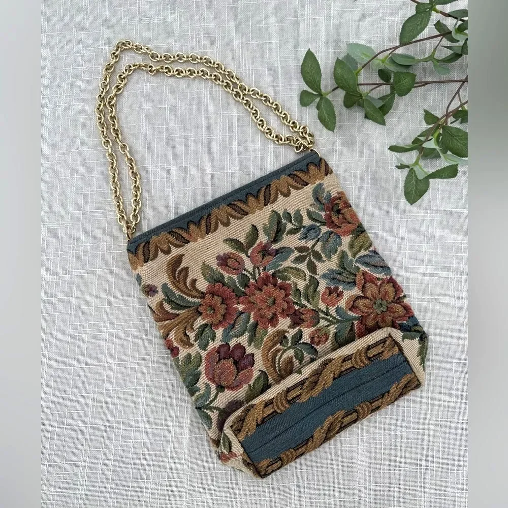 Vintage Italian Tapestry Shoulder Bag Gold Chain Strap Floral Carpet Style Purse